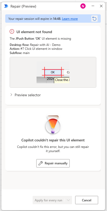 Schermopname waarop te zien is dat Copilot het UI-element niet kon vinden.